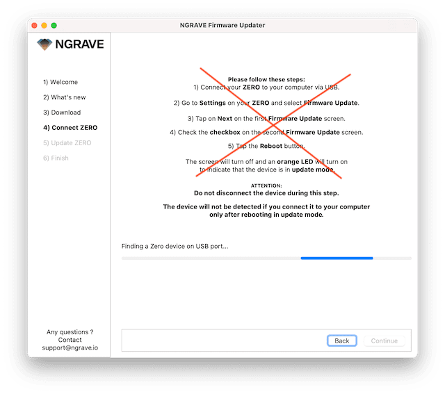 NGRAVE Firmware Updater searching for a ZERO device on USB port with a red cross on top of the instructions.