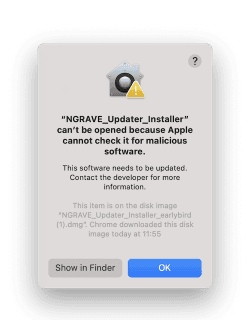 Error message on a Mac screen stating an installer can't be opened as it can't be checked for malicious software, with options to show in Finder or OK.