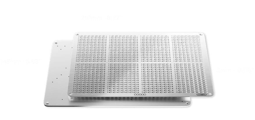 Two NGRAVE GRAPHENE crypto backup stainless steel plates with dimensions labeled: 210mm x 297mm, 148mm x 105mm, and 3mm thickness.