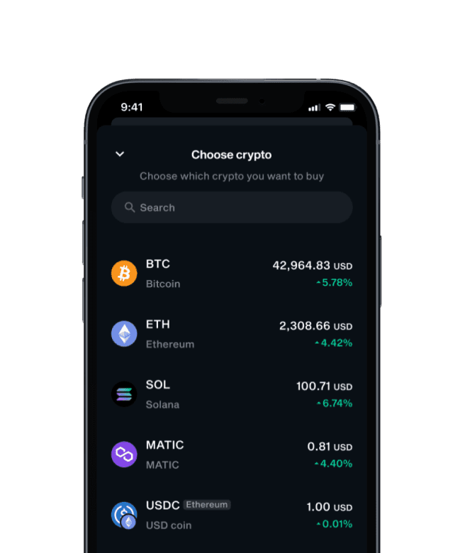 Smartphone screen displaying NGRAVE LIQUID's cryptocurrency app interface with accounts for BTC, ETH, SOL, MATIC, and USDC.