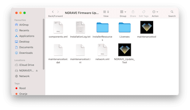 NGRAVE Firmware Updater folder open in MacOS Finder.