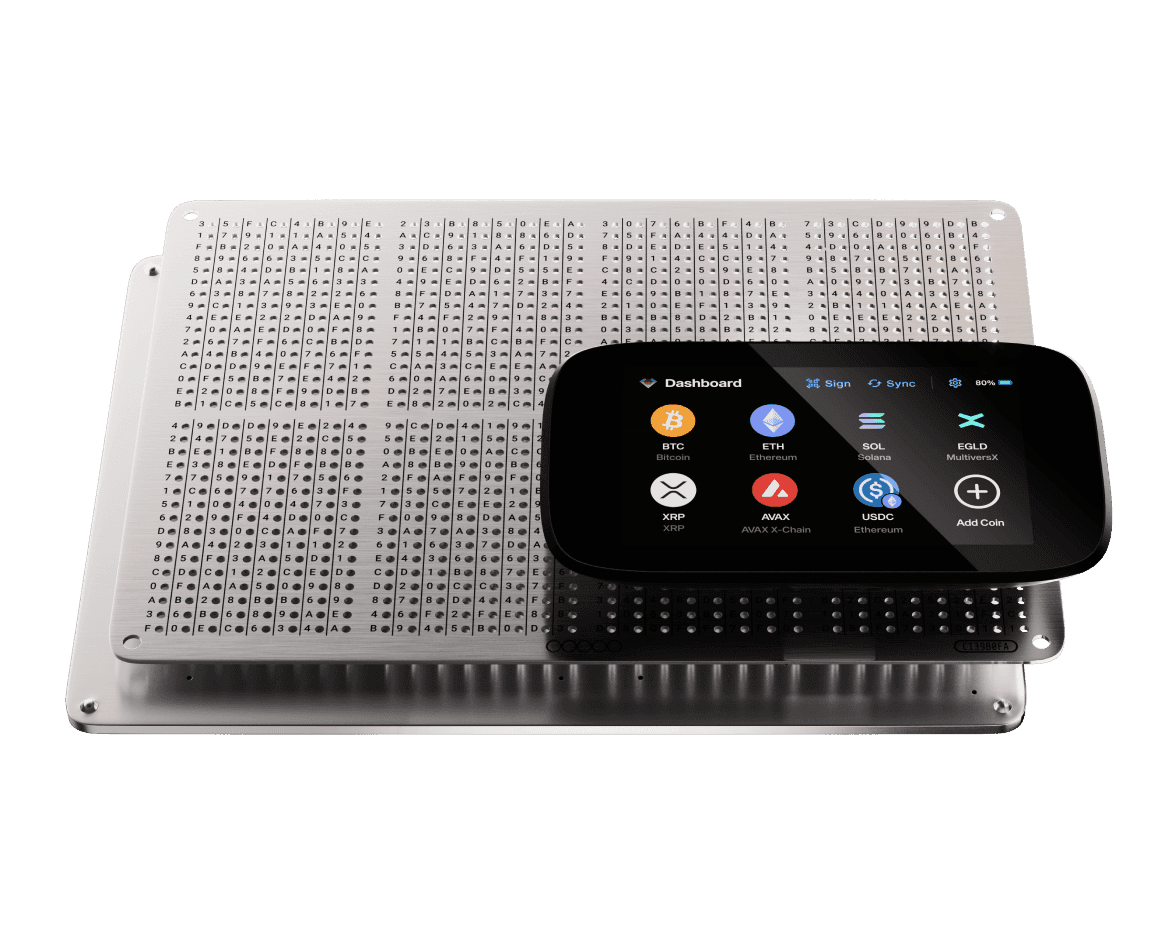 An NGRAVE ZERO cryptocurrency hardware wallet with a touchscreen displaying various cryptocurrency icons, placed on NGRAVE GRAPHENE crypto backup made of stainless steel.
