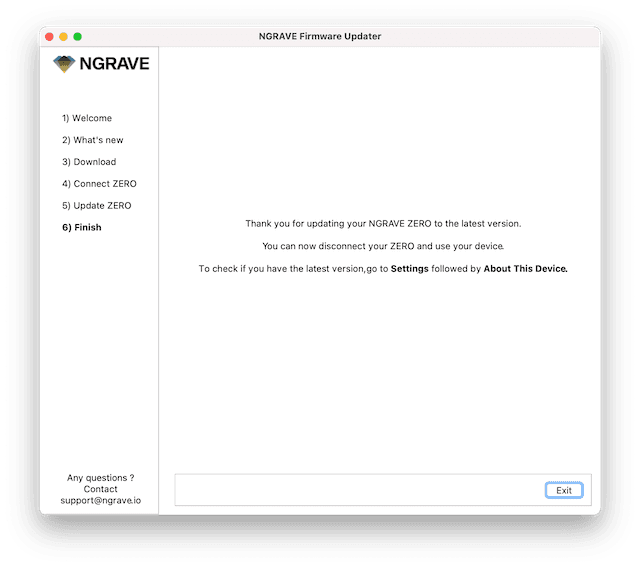 NGRAVE Firmware Updater Finish screen.