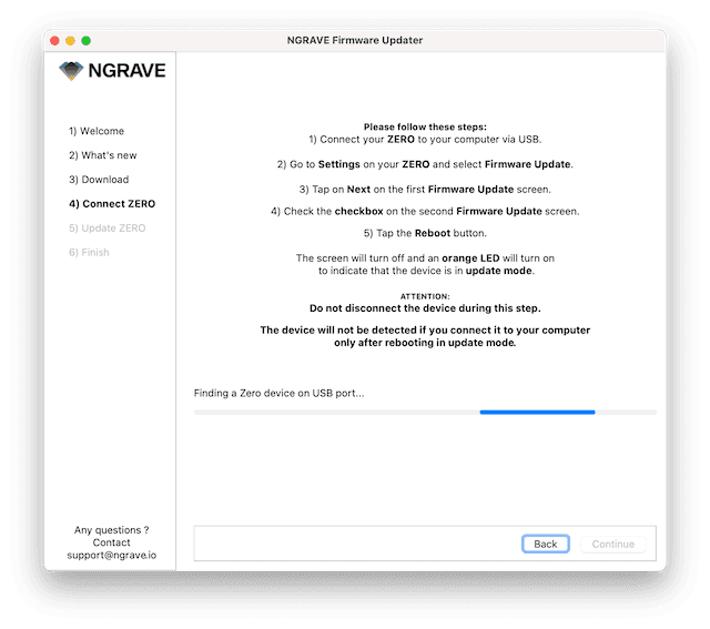 NGRAVE Firmware Updater searching for a ZERO device on USB port.