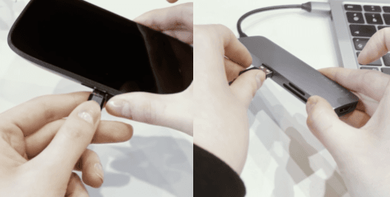 Pictures showing how to connect the NGRAVE ZERO to a USB port.