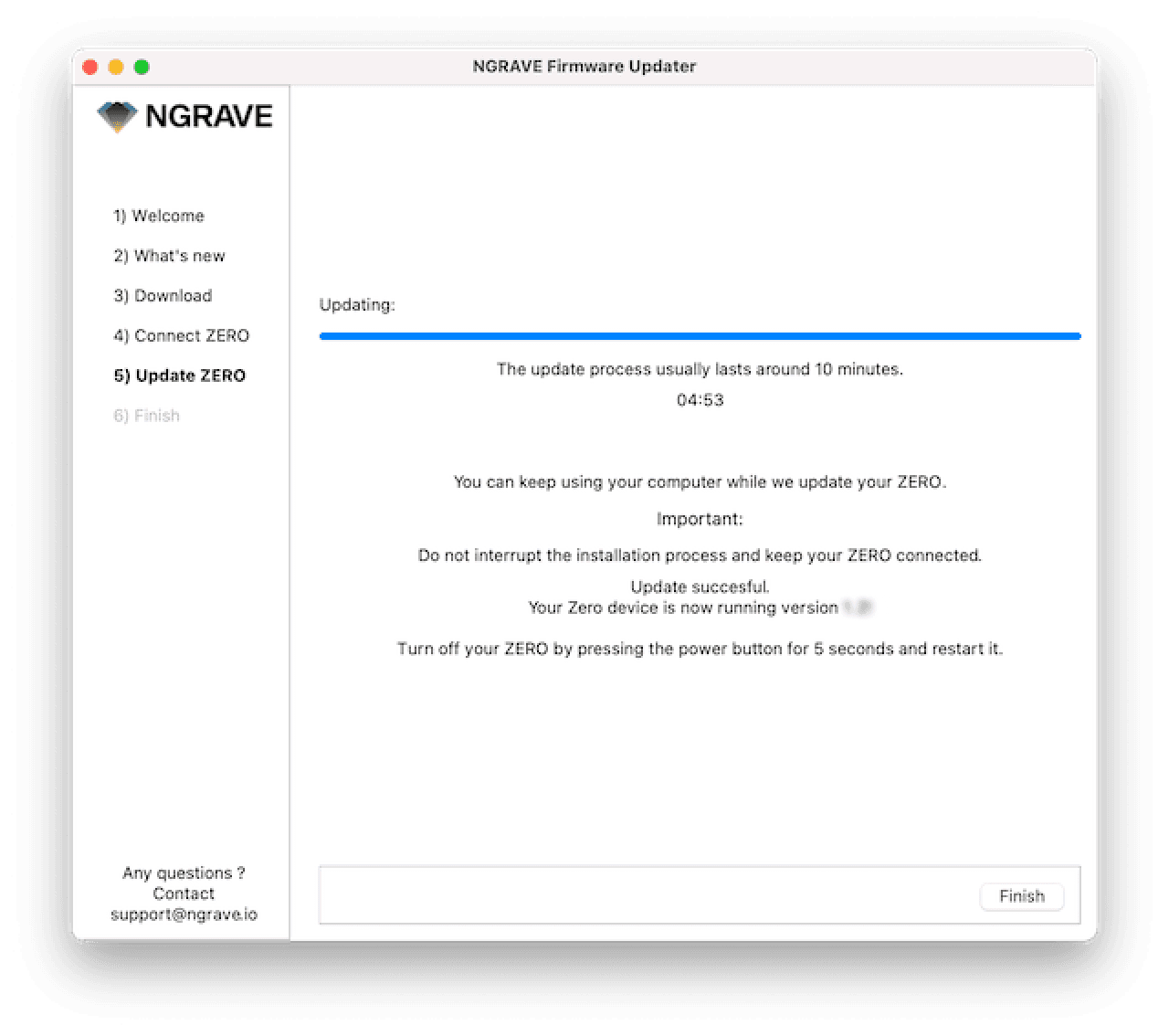NGRAVE Firmware Updater "Update successful" message.